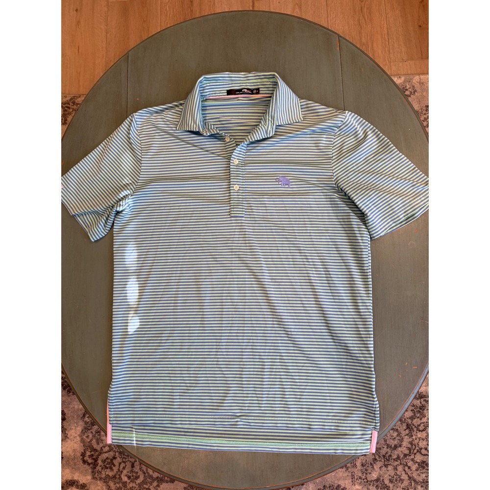 RLX Ralph Lauren Mens Medium Striped Performance Polo Shirt Green Blue Mammoth